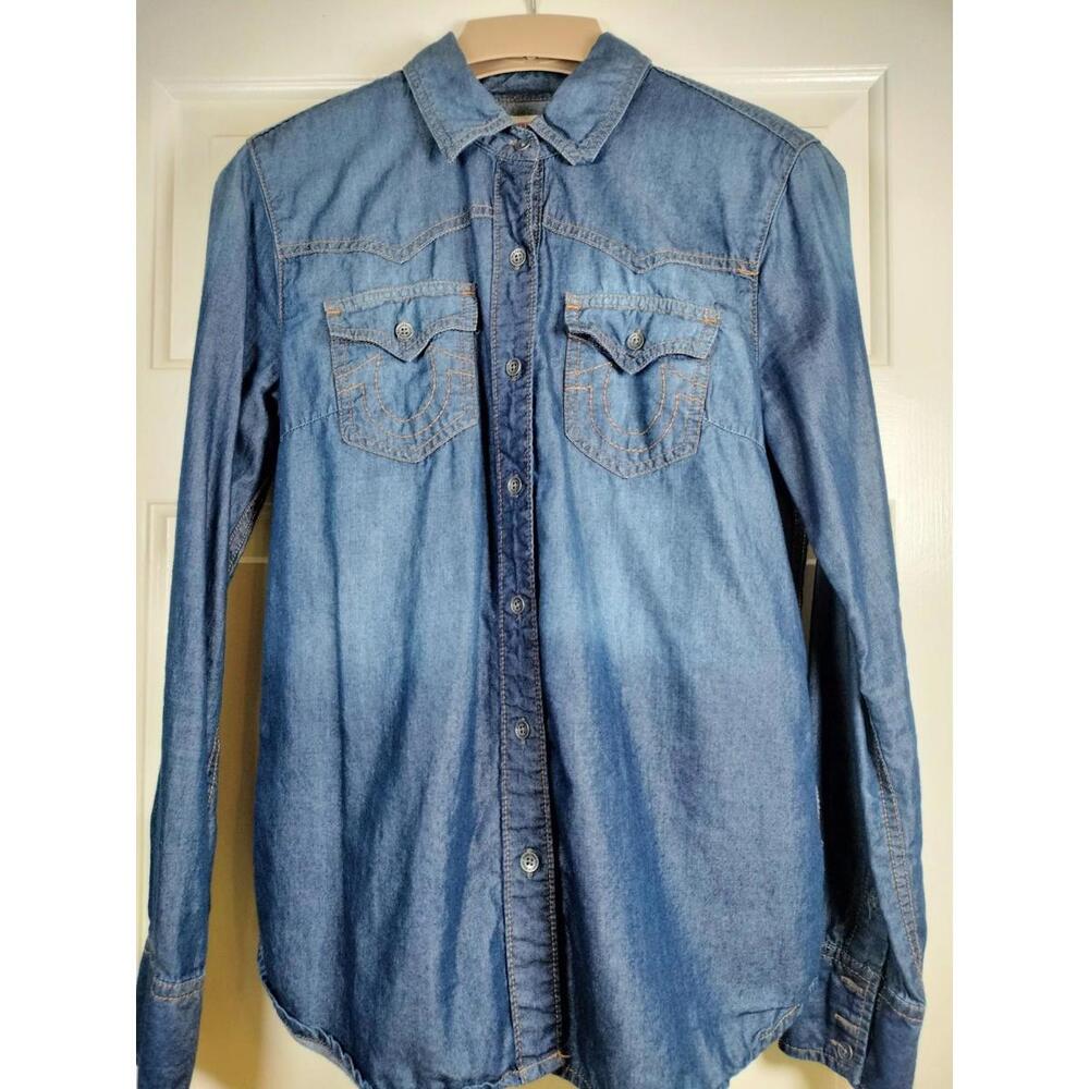 True Religion Women's Western Denim Shirt S Small Blue Long Sleeve Horseshoe Pkt